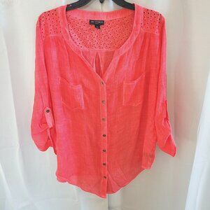 IN STudio Women Top Plus Size 3X Pink Button Up Lagenlook Lightweight Boho 17458